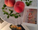 A picture of step 1 of Peach mousse, red roses and white flowers bouquet.