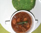 A picture of step 6 of Mokimo served with beef stew.