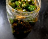 A picture of step 3 of Gujrati Green Chilli pickle.
