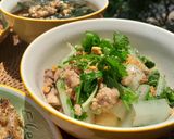 Hình bước làm 2 của món Cải dún xào thịt xay tóp mỡ