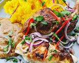 A picture of step 3 of Spatchcock Satay chicken with Peanut dipping sauce and Saffron rice.