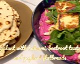 A picture of step 10 of Eggplant with haloumi, beetroot, tzatziki and yogurt flatbreads.