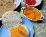 Foto del paso 7 de la receta: Sandwich de milanesa de berenjena en pan de papa con salsa de zanahoria 🍆🥕🍅🥔