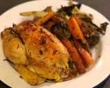 A picture of step 5 of Roast poussin balsamic roast carrot and broccoli.