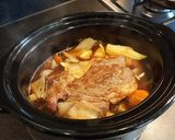 A picture of step 3 of Slow Cooked Shredded Beef. Roast Spuds and Roasted Broccoli.