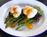A picture of step 4 of Farmers market poached duck egg, black pudding, asparagus and sourdough.
