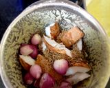 A picture of step 15 of Tamilnadu Thali - rice, sambar, mor kuzhambu, beetroot poriyal, payasam, buttermilk for lunch.
