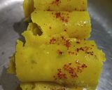 A picture of step 3 of Mungdal Khandvi roll.