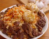 A picture of step 14 of Plov with lamb meat - my version from memory.
