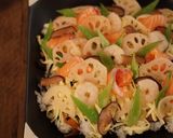 A picture of step 7 of Chirashizushi (Scattered Sushi) with salmon and shrimp - Japanese sushi.