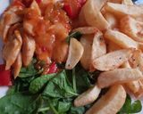 A picture of step 5 of My So Sweet Chilli Chicken with Spinach also Homemade Chips. 😀.