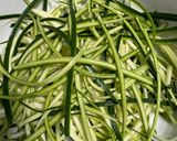 A picture of step 1 of Zucchini Spaghetti with Basil Pesto, Crumbled Feta, Almonds, and Pine Nuts.