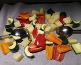 A picture of step 3 of Garlic roasted veg with oven baked salmon.