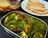 A picture of step 7 of Palak Paneer or Indiana cottage cheese in Spinach gravy.