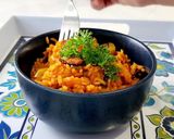 A picture of step 5 of Spanish Rice with bacon 🍚 or maybe not Spanish but very tasty.