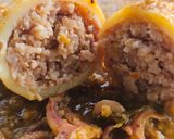 Foto del paso 13 de la receta Calamares rellenos de langostinos y sepia en salsa de langostinos y crujiente de almendras