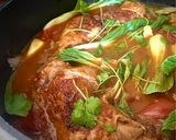 A picture of step 4 of Poule ar Tamarin ek Brèdes Chinois – Mauritian chicken with tamarind and pak choi.