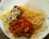 A picture of step 8 of Tofu parm with mushroom marinara sauce, angel hair pasta.