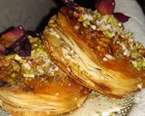 A picture of step 6 of Dry Fruits Gulkand Baklava....Mediterranean dessert.