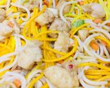 A picture of step 9 of Chowmein with coloured spaghetti 🤗🤗🤗.