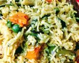 A picture of step 2 of Pulao with methi leaves and Mix Vegs.