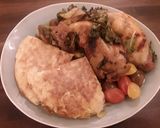 A picture of step 4 of Sig's chicken with kaletts, pears and rosti.