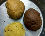 A picture of step 4 of Masala Namakpara and chocolate and custard flavoured Shakkarpara.