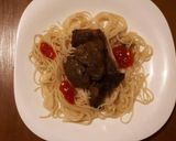 A picture of step 4 of Spaghetti served with steak.