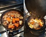 A picture of step 2 of Slow Cooked Shredded Beef. Roast Spuds and Roasted Broccoli.