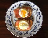 A picture of step 1 of California Farm Eggs Royale with cured salmon.