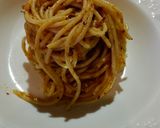 A picture of step 4 of Spaghetti with Genovese Pesto, Pecorino Romano, Toasted Walnuts, and Chopped Pistachios.