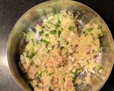 A picture of step 3 of Okonomiyaki (Japanese savoury pancakes).