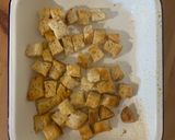 A picture of step 1 of Greek Panzanella Salad.