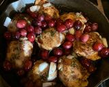 A picture of step 4 of Rosemary Chicken Thighs w Roasted Grapes and Smashed Parsnips.