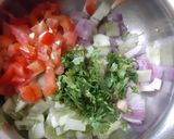 A picture of step 5 of Banglore style vegetable pulao (veg tomato bath) and mosru bajji.