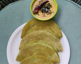 A picture of step 7 of Pesarattu with Coconut Peanut Chutney.