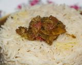 A picture of step 5 of Masar dal with tarka rice & mix acahr.