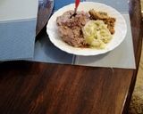 A picture of step 5 of #themechallenge arrow roots, beans and maize mukimo served beef.