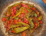 A picture of step 3 of Fusilli with Friggitelli Peppers, Cherry Tomatoes, and Norcia Sausage.