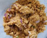 A picture of step 4 of Littichokha with baigan chutney and fried chilli onions.