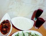 A picture of step 12 of White rice with Mongolian chicken stew,Green salad and champman.