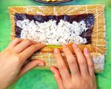 A picture of step 7 of Kimbap (Korean seaweed rice rolls).