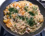 A picture of step 5 of Linguine with Swordfish, Yellow Grape Tomatoes, Eggplant, and Crispy Fried Eggplant Skin.
