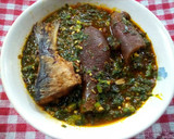 A picture of step 3 of Jute Mallow and Okro Soup with Lafu.