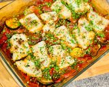 A picture of step 4 of Cod with vegetables in the oven.