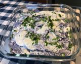 Une image de l'étape 18 de Gratin de pommes de terre vitelotte et chou blanc au parmesan,oignon de roscoff et curry.