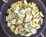 A picture of step 3 of 8 litres juice from 28 litres bucket full of apples.