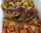 A picture of step 4 of Sheet Pan Chicken with Potatoes and Carrots.