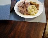 A picture of step 5 of #themechallenge arrow roots, beans and maize mukimo served beef.