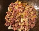 A picture of step 3 of California Farm Ham Potato Onion Chard Stirfry in mild pepper sauce.